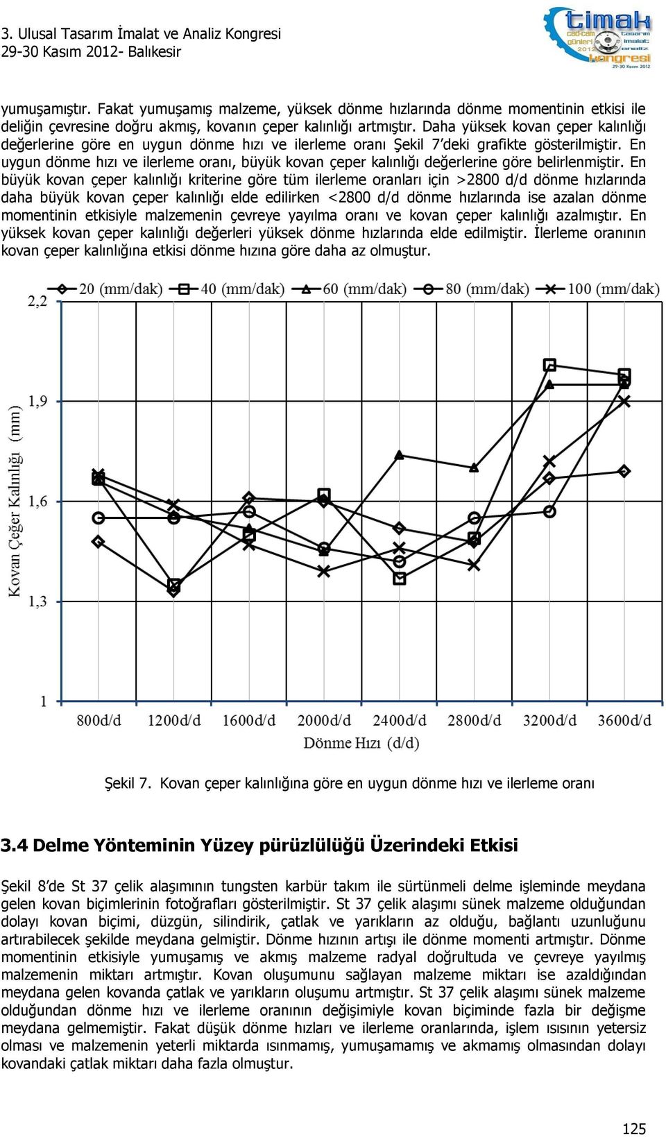 En uygun dönme hızı ve ilerleme oranı, büyük kovan çeper kalınlığı değerlerine göre belirlenmiştir.