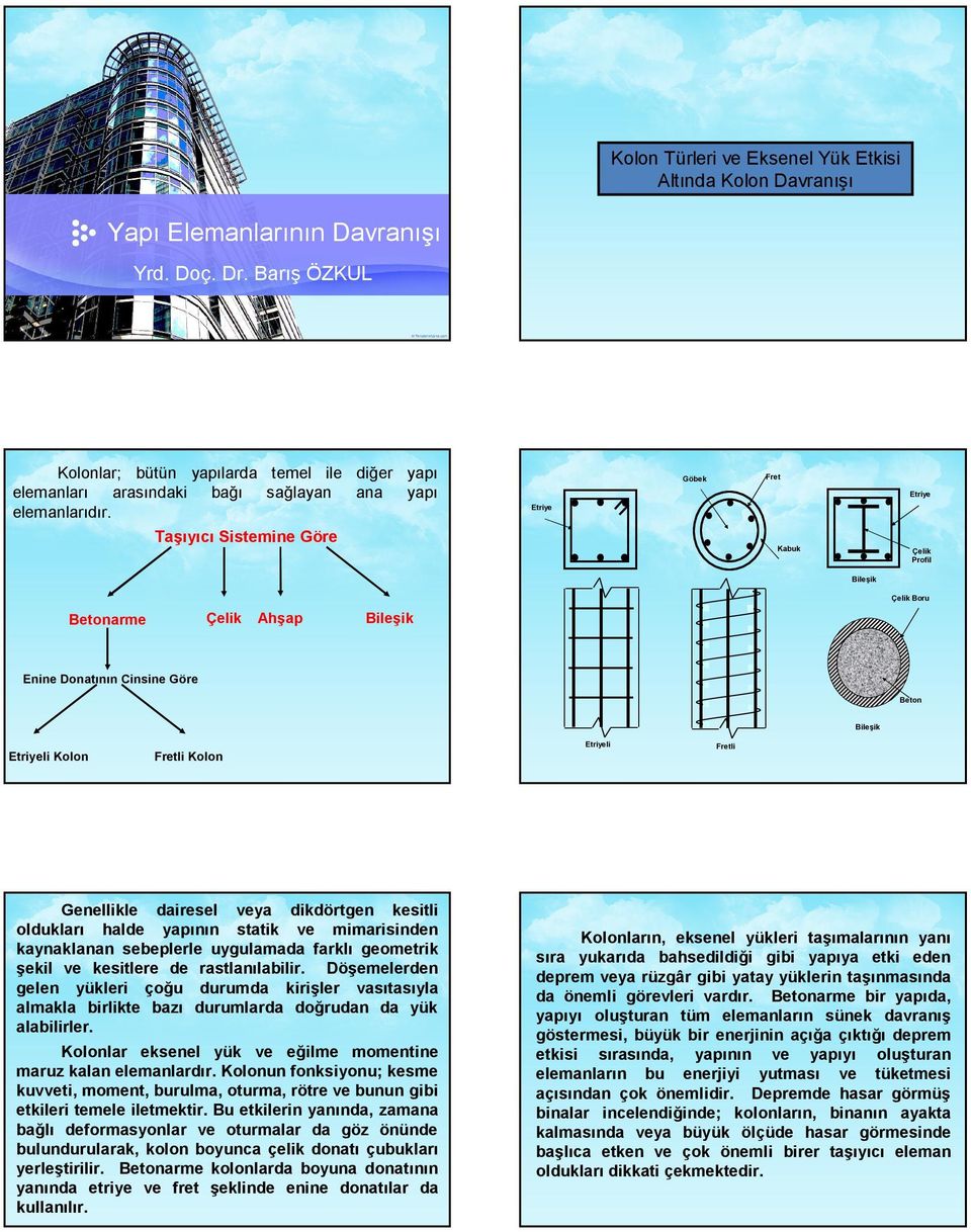 Taşıyıcı Sistemine Göre Göbek Fret Kabuk Çelik Profil Bileşik Çelik Boru Betonarme Çelik Ahşap Bileşik Enine Donatının Cinsine Göre Beton Bileşik li Kolon Fretli Kolon li Fretli Genellikle dairesel