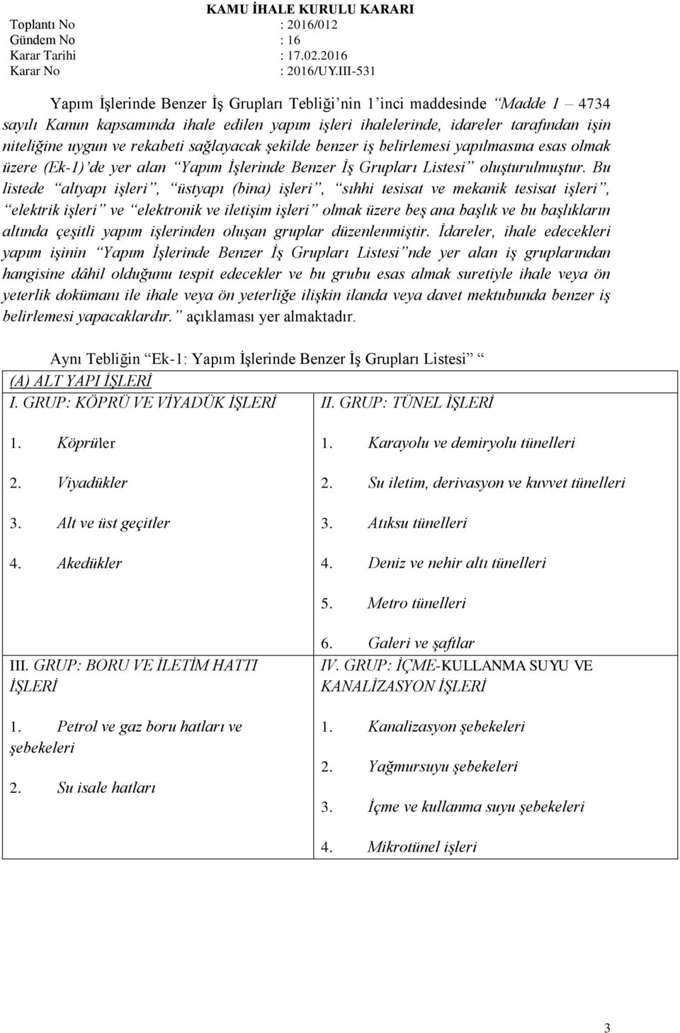 Bu listede altyapı işleri, üstyapı (bina) işleri, sıhhi tesisat ve mekanik tesisat işleri, elektrik işleri ve elektronik ve iletişim işleri olmak üzere beş ana başlık ve bu başlıkların altında