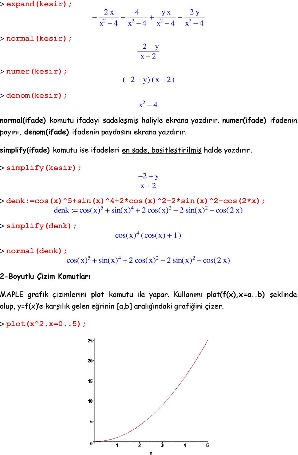 > simplify(kesir); 2y x2 > denk:=cos(x)^5+sin(x)^4+2*cos(x)^2-2*sin(x)^2-cos(2*x); denk := cos( x) 5 sin( x) 4 2 cos( x) 2 2 sin( x) 2 cos ( 2 x) > simplify(denk); cos( x) 4 ( cos( x)1 ) >