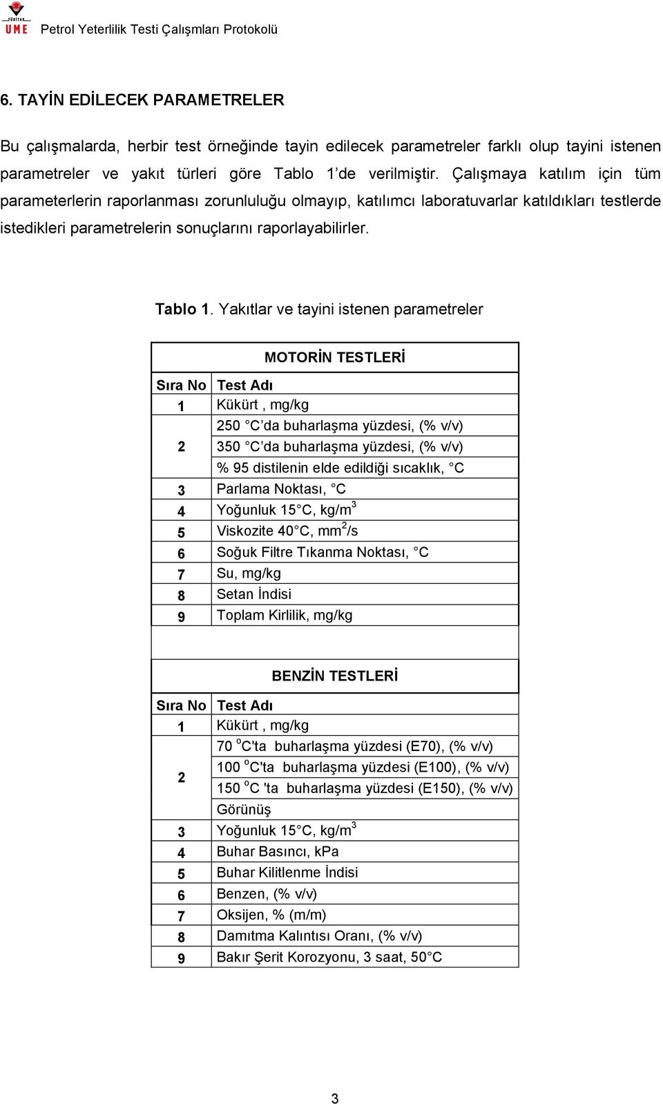 Yakıtlar ve tayini istenen parametreler MOTORİN TESTLERİ Sıra No Test Adı 1 Kükürt, mg/kg 250 C da buharlaşma yüzdesi, (% v/v) 2 350 C da buharlaşma yüzdesi, (% v/v) % 95 distilenin elde edildiği