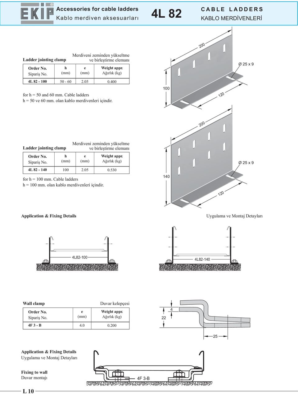 120 Ldder jointing clmp Merdiveni zeminden yükseltme ve birleştirme elemnı e Øx 4L 82-0 2.05 0.530 for=mm.cbleldders = mm.