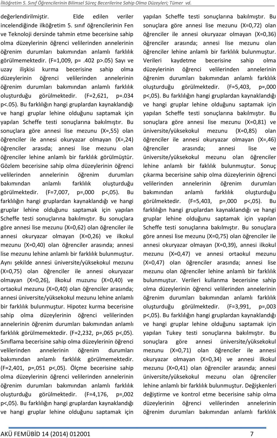 05) Sayı ve uzay ilişkisi kurma becerisine sahip olma düzeylerinin öğrenci velilerinden annelerinin oluşturduğu görülmektedir. (F=2,621, p=.034 p<.05). Bu farklılığın hangi gruplardan kaynaklandığı ve hangi gruplar lehine olduğunu saptamak için yapılan Scheffe testi sonuçlarına bakılmıştır.