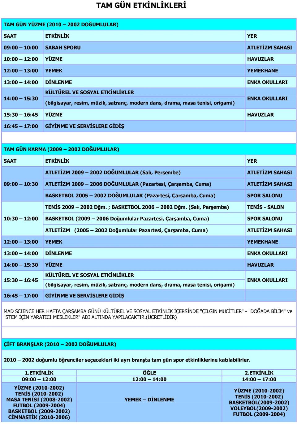 GÜN KARMA (2009 2002 DOĞUMLULAR) SAAT ETKİNLİK YER 09:00 10:30 10:30 12:00 ATLETİZM 2009 2002 DOĞUMLULAR (Salı, Perşembe) ATLETİZM 2009 2006 DOĞUMLULAR (Pazartesi, Çarşamba, Cuma) BASKETBOL 2005 2002