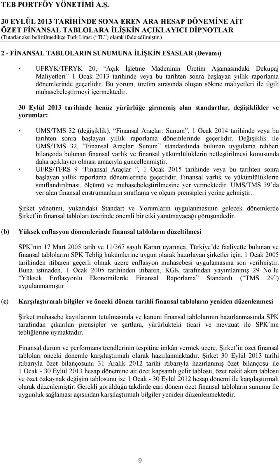 30 Eylül 2013 tarihinde henüz yürürlüğe girmemiş olan standartlar, değişiklikler ve yorumlar: UMS/TMS 32 (değişiklik), Finansal Araçlar: Sunum, 1 Ocak 2014 tarihinde veya bu tarihten sonra başlayan