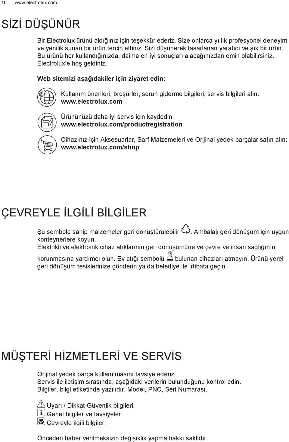 Web sitemizi şğıdkiler için ziyret edin: Kullnım önerileri, broşürler, sorun giderme bilgileri, servis bilgileri lın: www.electrolux.