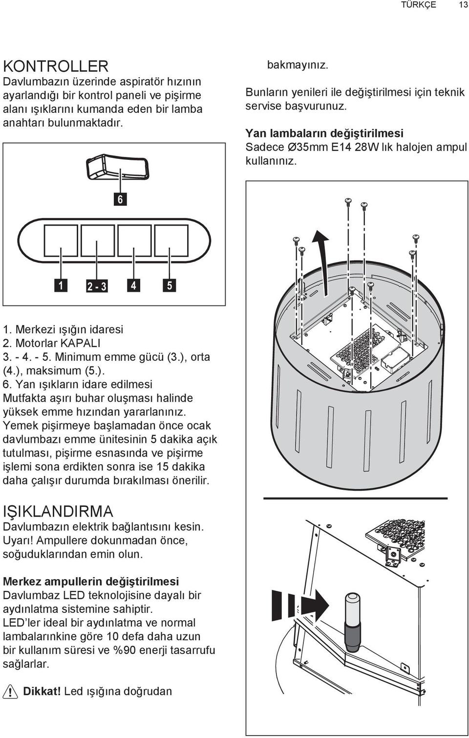 - 4. - 5. Minimum emme gücü (3.), ort (4.), mksimum (5.). 6. Yn ışıklrın idre edilmesi Mutfkt şırı buhr oluşmsı hlinde yüksek emme hızındn yrrlnınız.