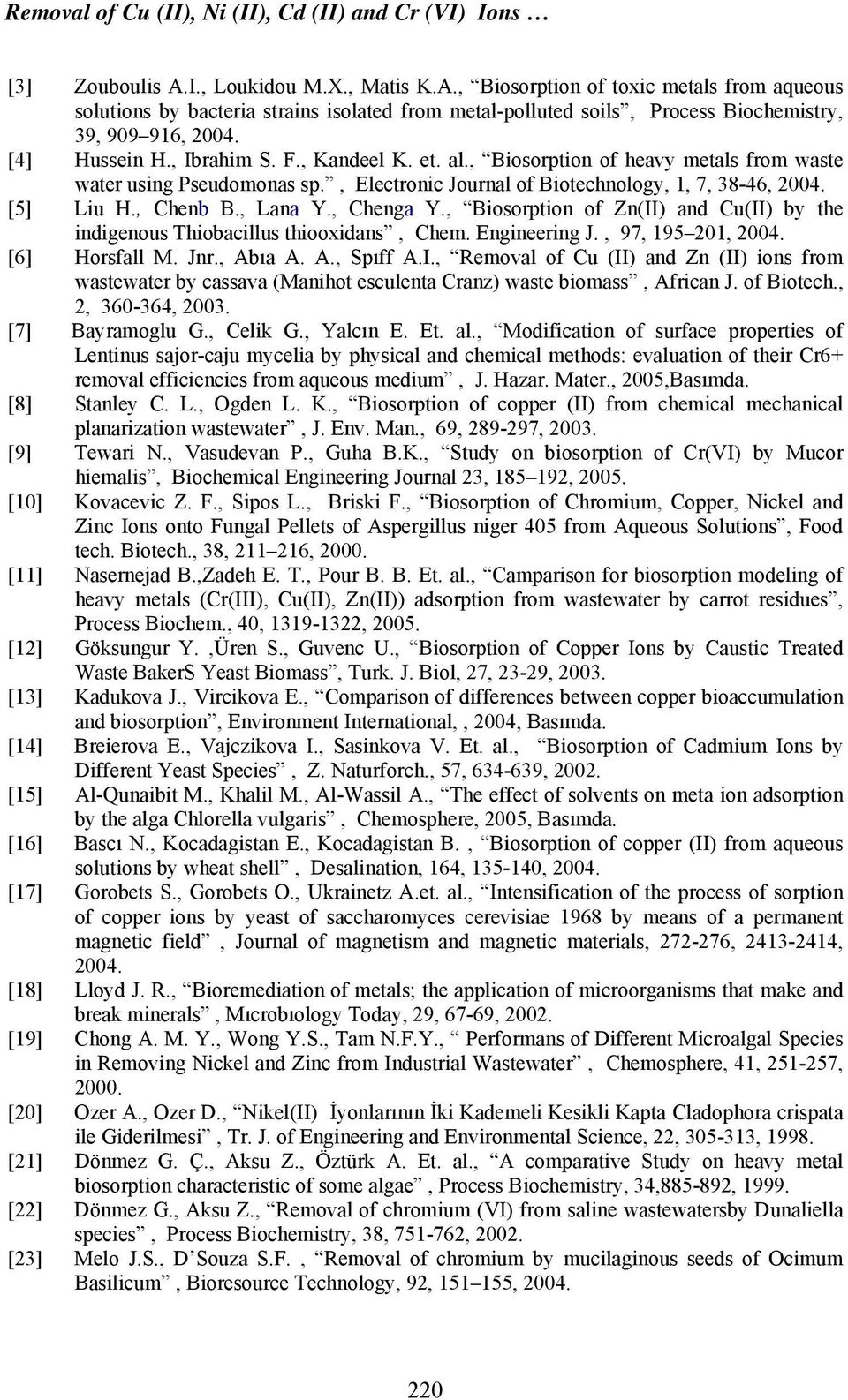 , Ibrahim S. F., Kandeel K. et. al., Biosorption of heavy metals from waste water using Pseudomonas sp., Electronic Journal of Biotechnology, 1, 7, 38-46, 2004. [5] Liu H., Chenb B., Lana Y.