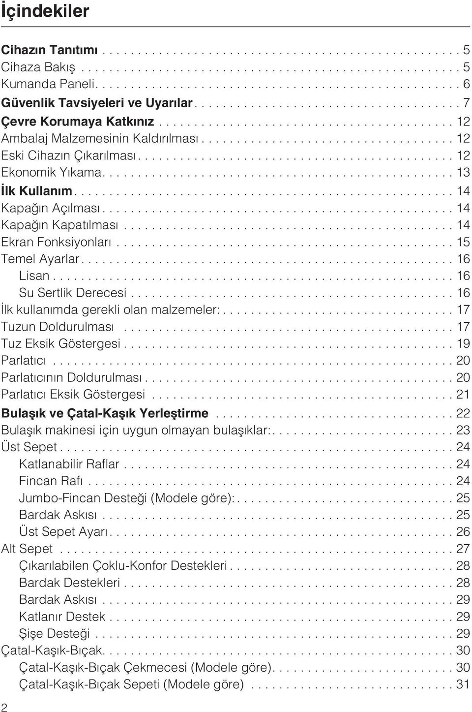 ..16 Ýlk kullanýmda gerekli olan malzemeler:... 17 Tuzun Doldurulmasý...17 Tuz Eksik Göstergesi...19 Parlatýcý...20 Parlatýcýnýn Doldurulmasý...20 Parlatýcý Eksik Göstergesi.