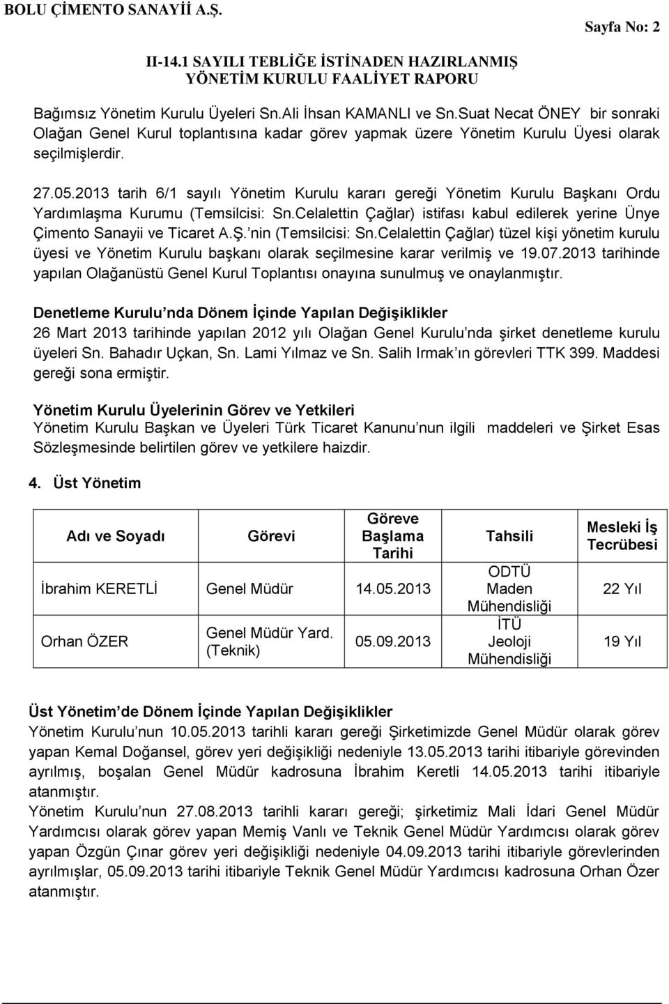 Celalettin Çağlar) istifası kabul edilerek yerine Ünye Çimento Sanayii ve Ticaret A.ġ. nin (Temsilcisi: Sn.