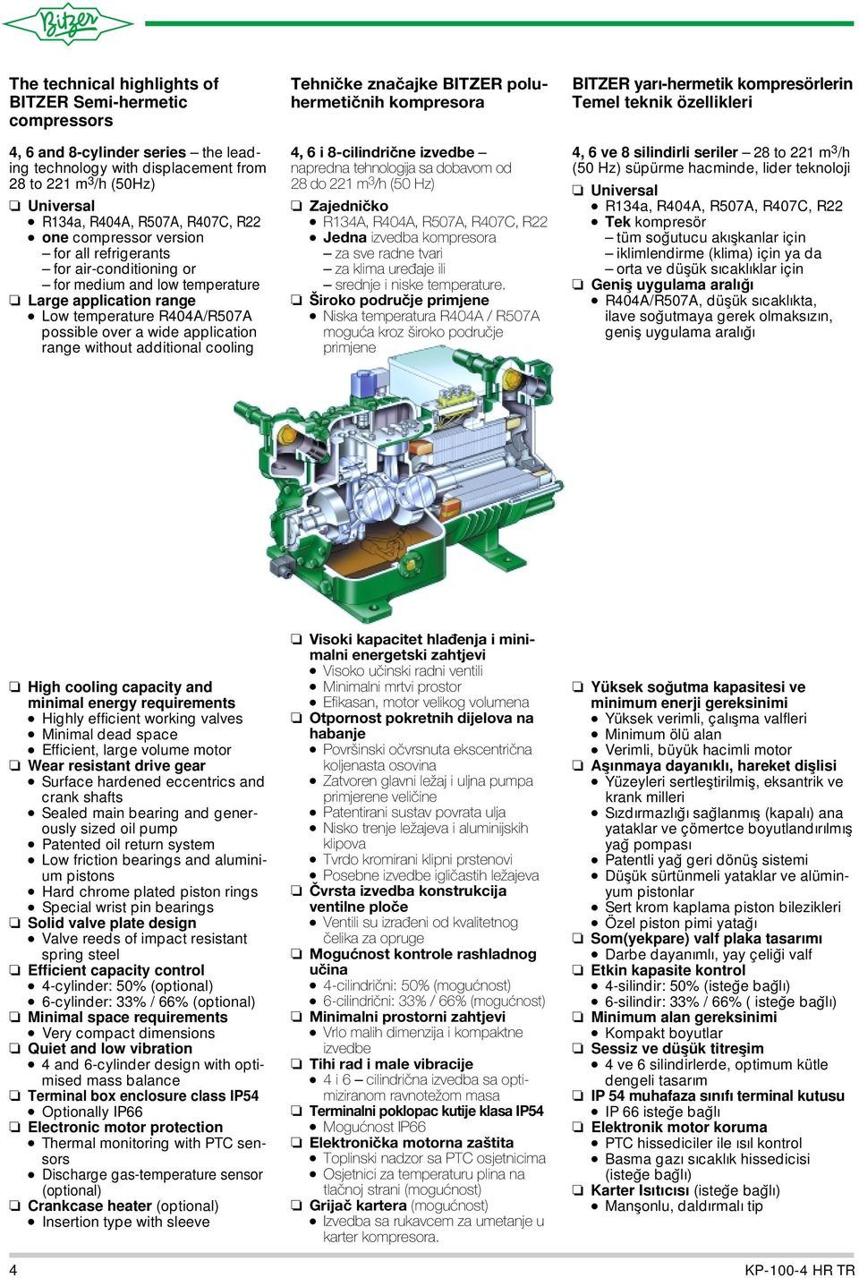 Tehničke značajke BITZER poluhermetičnih, 6 i 8-cilindrične izvedbe napredna tehnologija sa dobavom od 8 do m 3 /h ( Hz) Zajedničko R3A, RA, R7A, R7C, R Jedna izvedba za sve radne tvari za klima