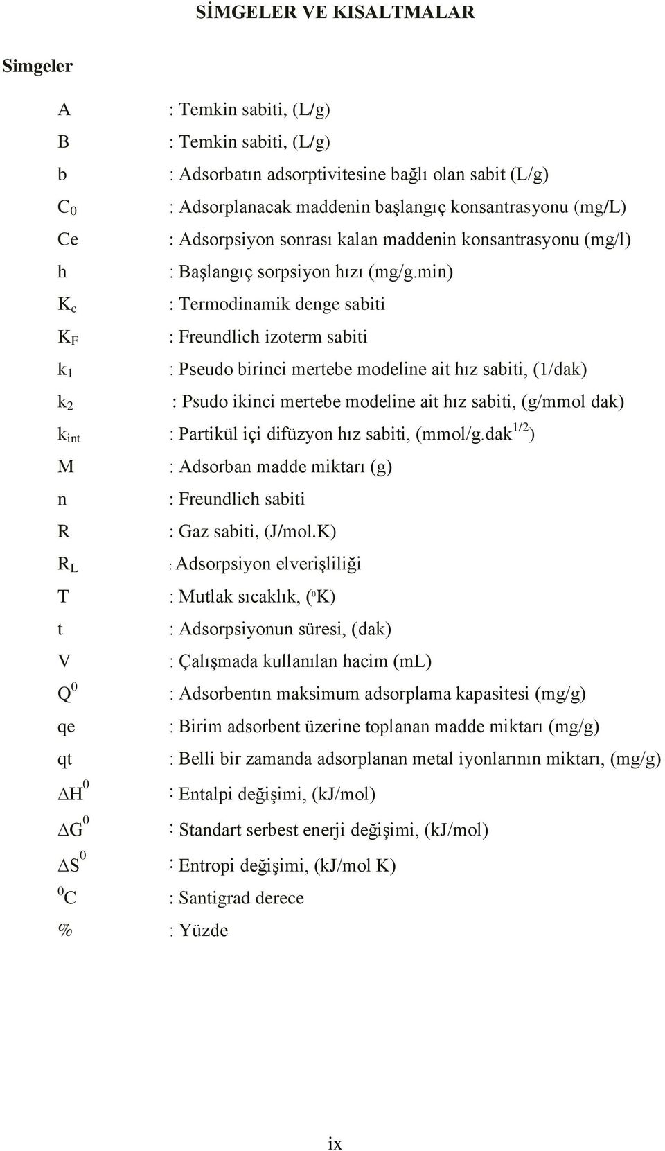 min) : Termodinamik denge sabiti : Freundlich izoterm sabiti : Pseudo birinci mertebe modeline ait hız sabiti, (1/dak) : Psudo ikinci mertebe modeline ait hız sabiti, (g/mmol dak) k int : Partikül