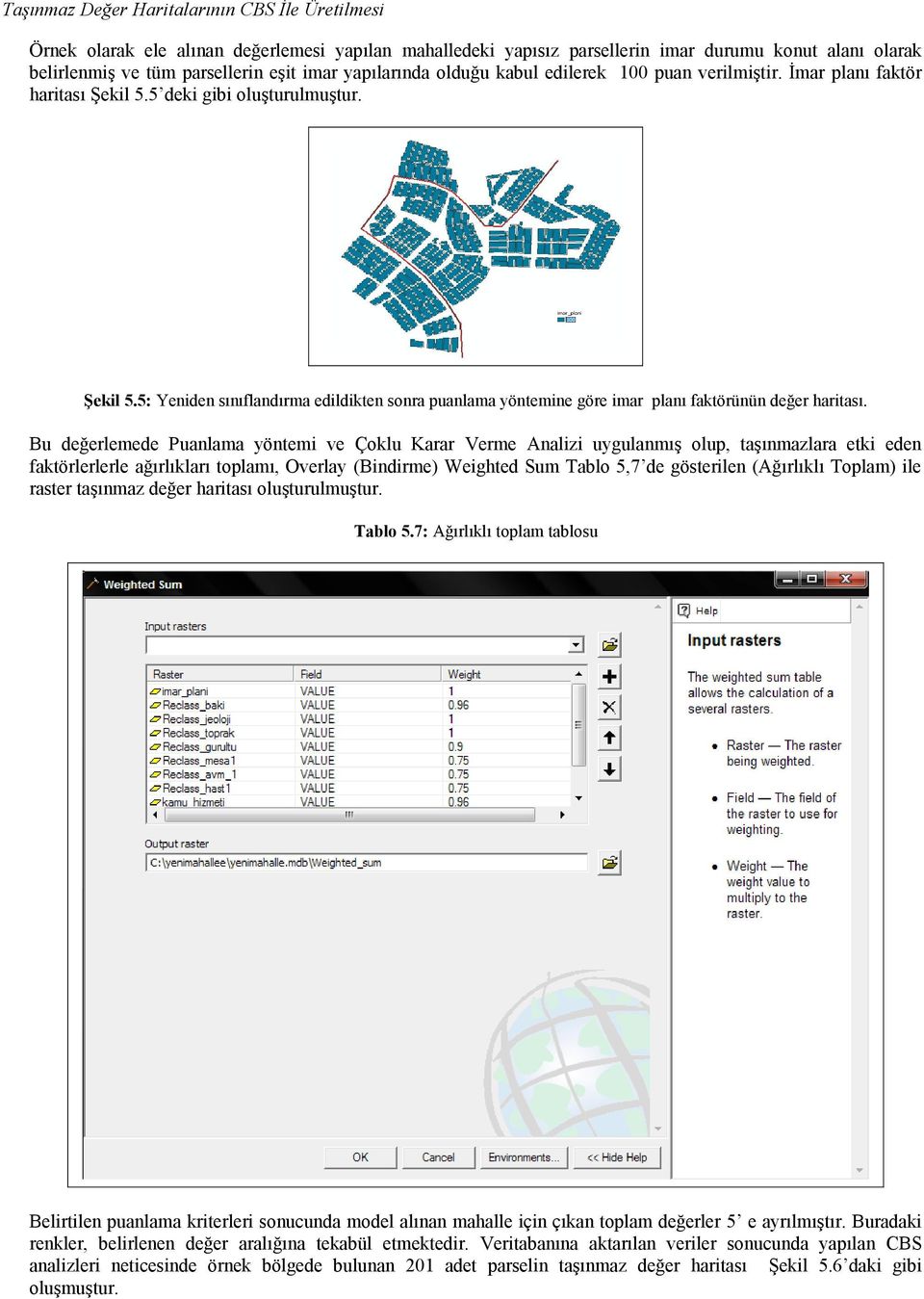 Bu değerlemede Puanlama yöntemi ve Çoklu Karar Verme Analizi uygulanmış olup, taşınmazlara etki eden faktörlerlerle ağırlıkları toplamı, Overlay (Bindirme) Weighted Sum Tablo 5,7 de gösterilen