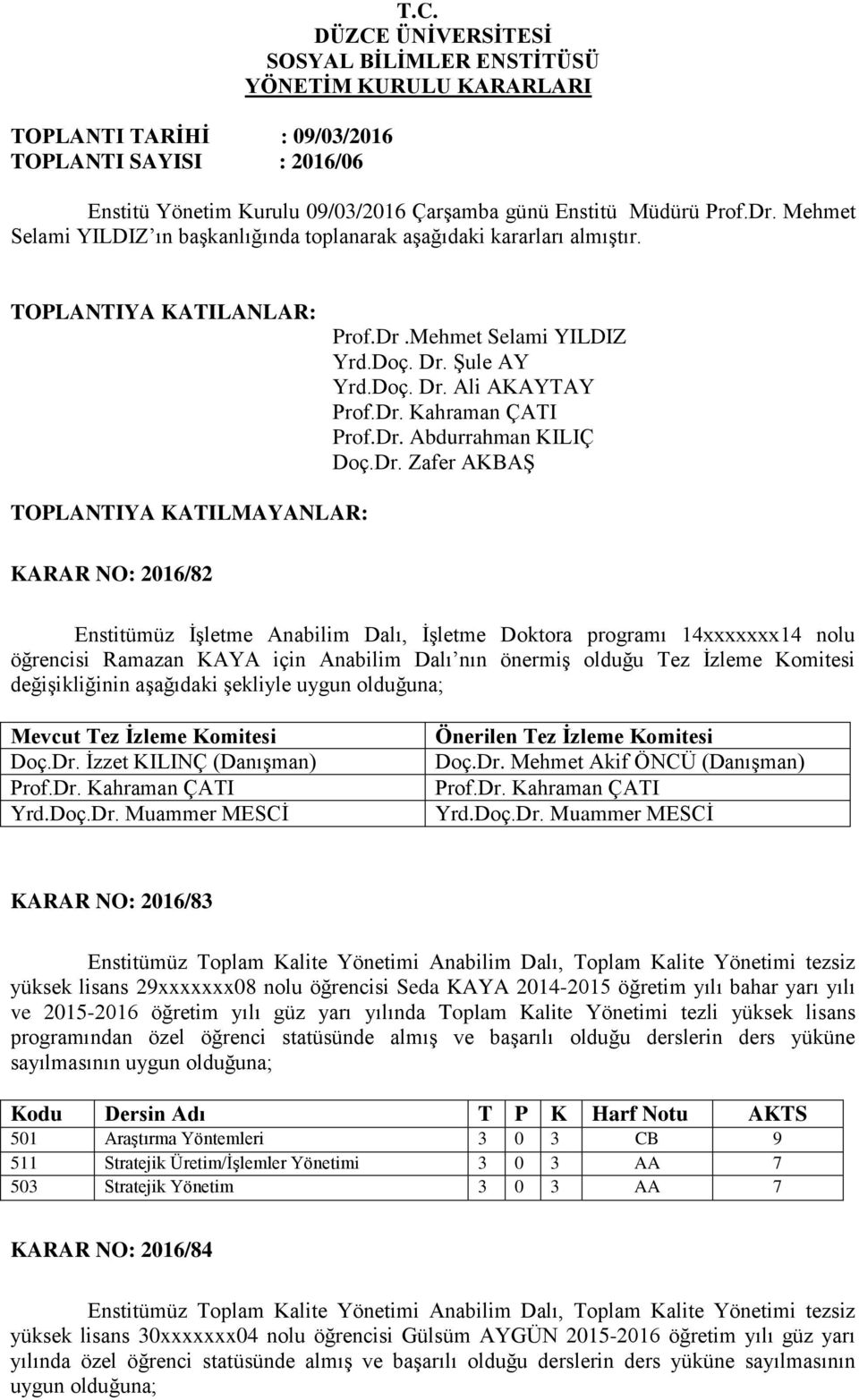 Dr. Abdurrahman KILIÇ Doç.Dr. Zafer AKBAŞ TOPLANTIYA KATILMAYANLAR: KARAR NO: 216/82 Enstitümüz İşletme Anabilim Dalı, İşletme Doktora programı 14xxxxxxx14 nolu öğrencisi Ramazan KAYA için Anabilim