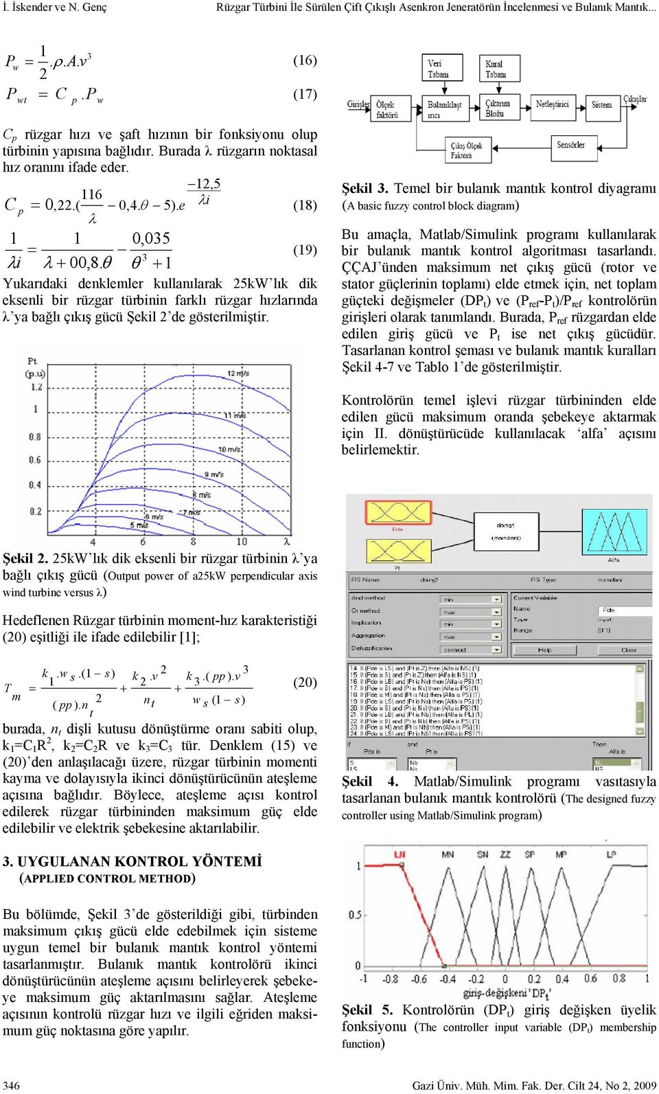 3 1 Yukarıdaki denklemler kullanılarak 25kW lık dik eksenli bir rüzgar türbinin farklı rüzgar hızlarında λ ya bağlı çıkış gücü Şekil 2 de gösterilmiştir. Şekil 3.