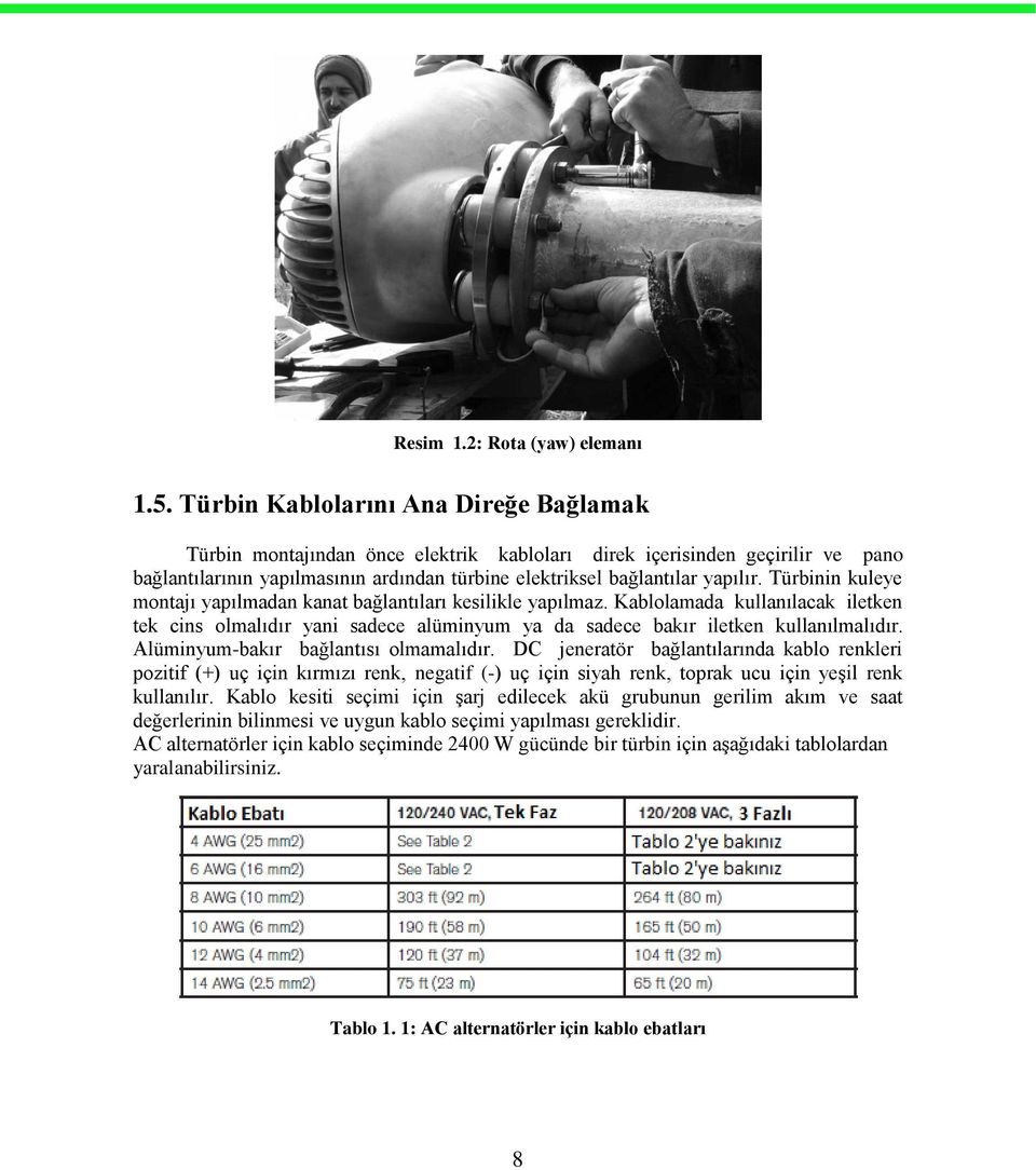 Türbinin kuleye montajı yapılmadan kanat bağlantıları kesilikle yapılmaz. Kablolamada kullanılacak iletken tek cins olmalıdır yani sadece alüminyum ya da sadece bakır iletken kullanılmalıdır.