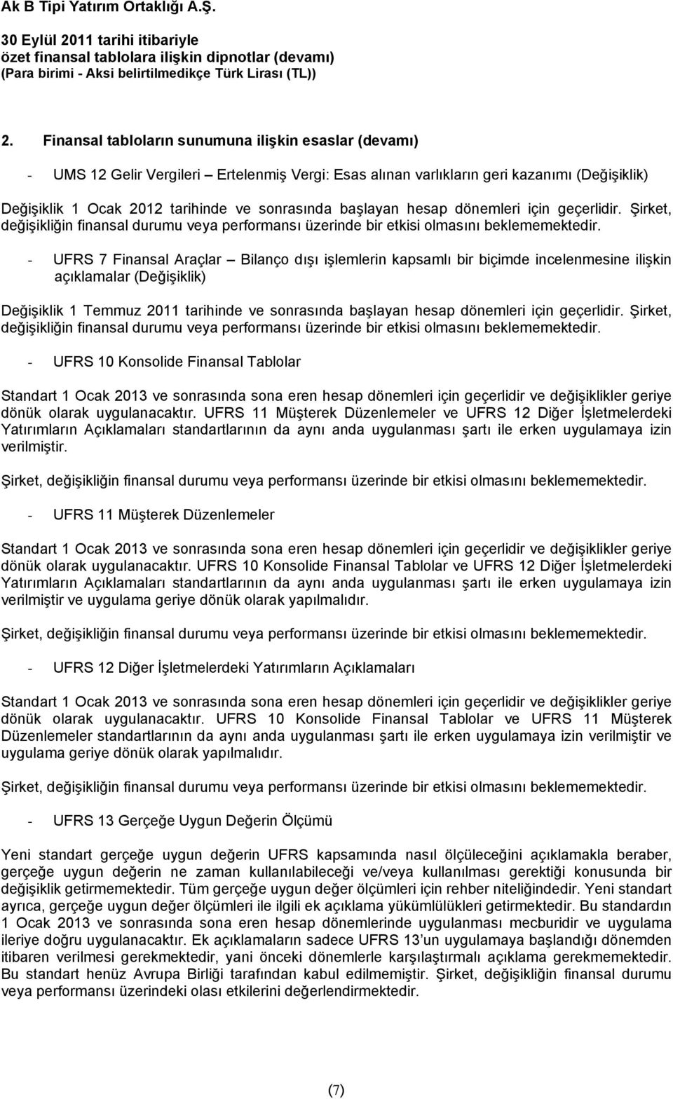 - UFRS 7 Finansal Araçlar Bilanço dışı işlemlerin kapsamlı bir biçimde incelenmesine ilişkin açıklamalar (Değişiklik) Değişiklik 1 Temmuz 2011 tarihinde ve sonrasında  - UFRS 10 Konsolide Finansal