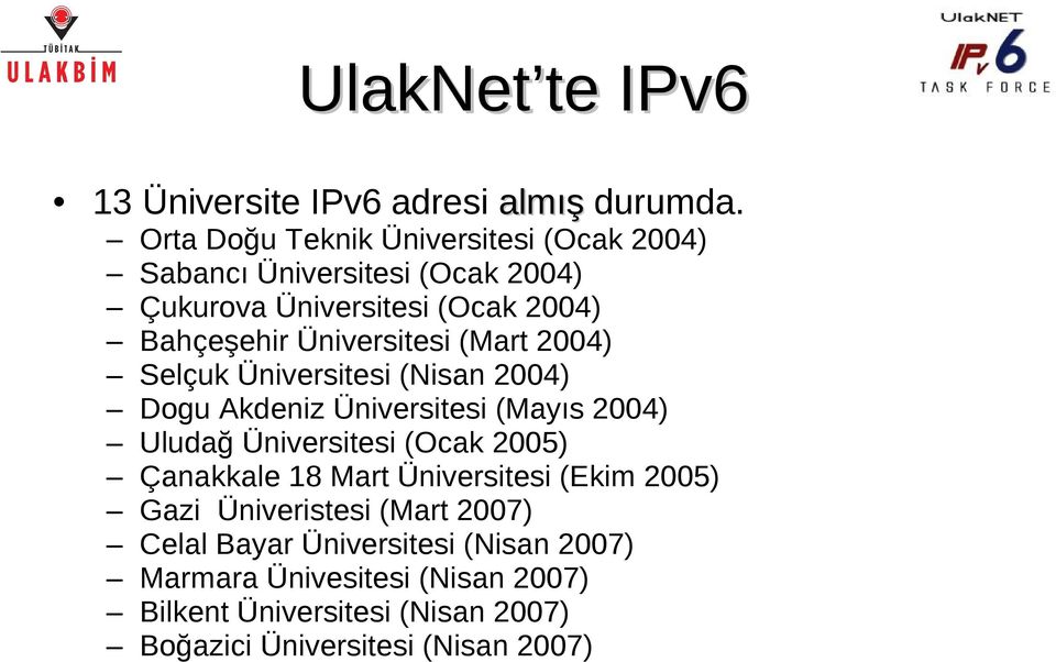 Üniversitesi (Mart 2004) Selçuk Üniversitesi (Nisan 2004) Dogu Akdeniz Üniversitesi (Mayıs 2004) Uludağ Üniversitesi (Ocak 2005)