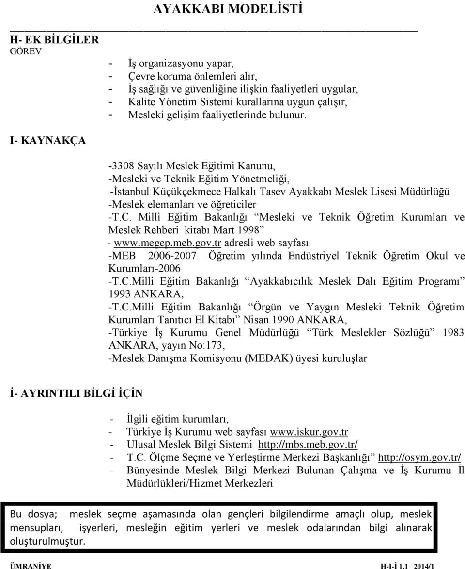 I- KAYNAKÇA -3308 Sayılı Meslek Eğitimi Kanunu, -Mesleki ve Teknik Eğitim Yönetmeliği, -İstanbul Küçükçekmece Halkalı Tasev Ayakkabı Meslek Lisesi Müdürlüğü -Meslek elemanları ve öğreticiler -T.C.