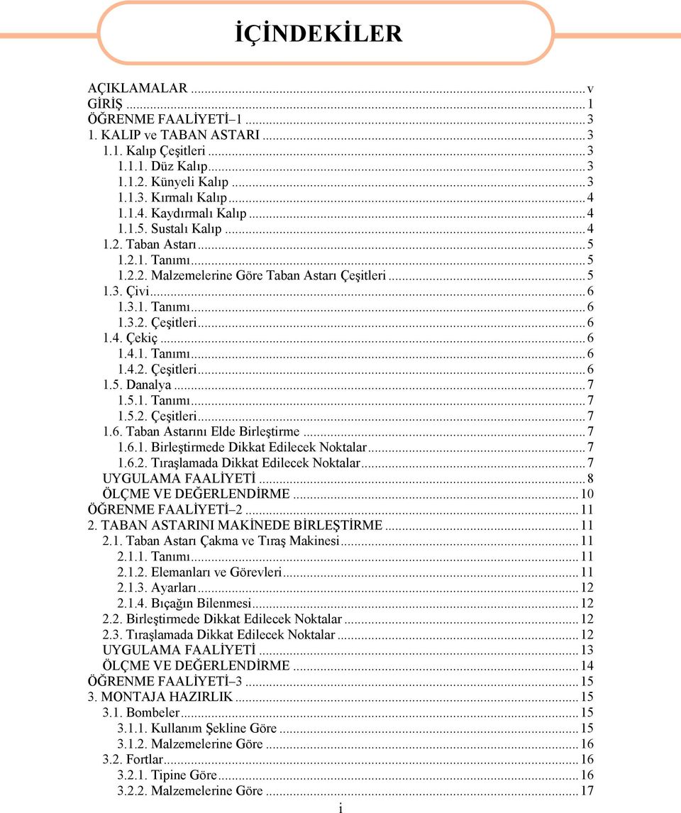 ..6 1.4.1. Tanımı...6 1.4.2. Çeşitleri...6 1.5. Danalya...7 1.5.1. Tanımı...7 1.5.2. Çeşitleri...7 1.6. Taban Astarını Elde Birleştirme...7 1.6.1. Birleştirmede Dikkat Edilecek Noktalar...7 1.6.2. Tıraşlamada Dikkat Edilecek Noktalar.