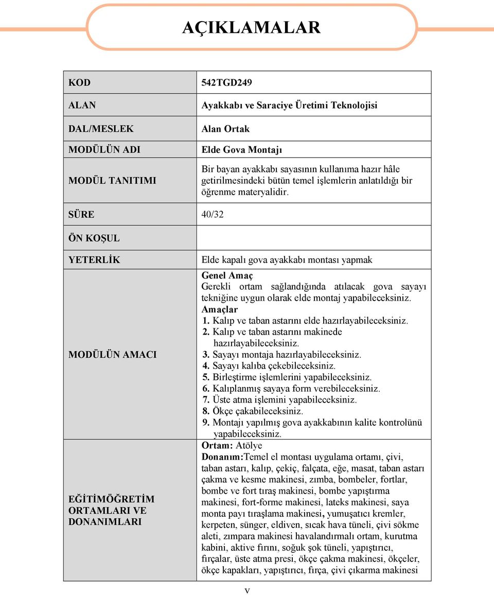 SÜRE 40/32 ÖN KOŞUL YETERLİK MODÜLÜN AMACI EĞİTİMÖĞRETİM ORTAMLARI VE DONANIMLARI Elde kapalı gova ayakkabı montası yapmak Genel Amaç Gerekli ortam sağlandığında atılacak gova sayayı tekniğine uygun