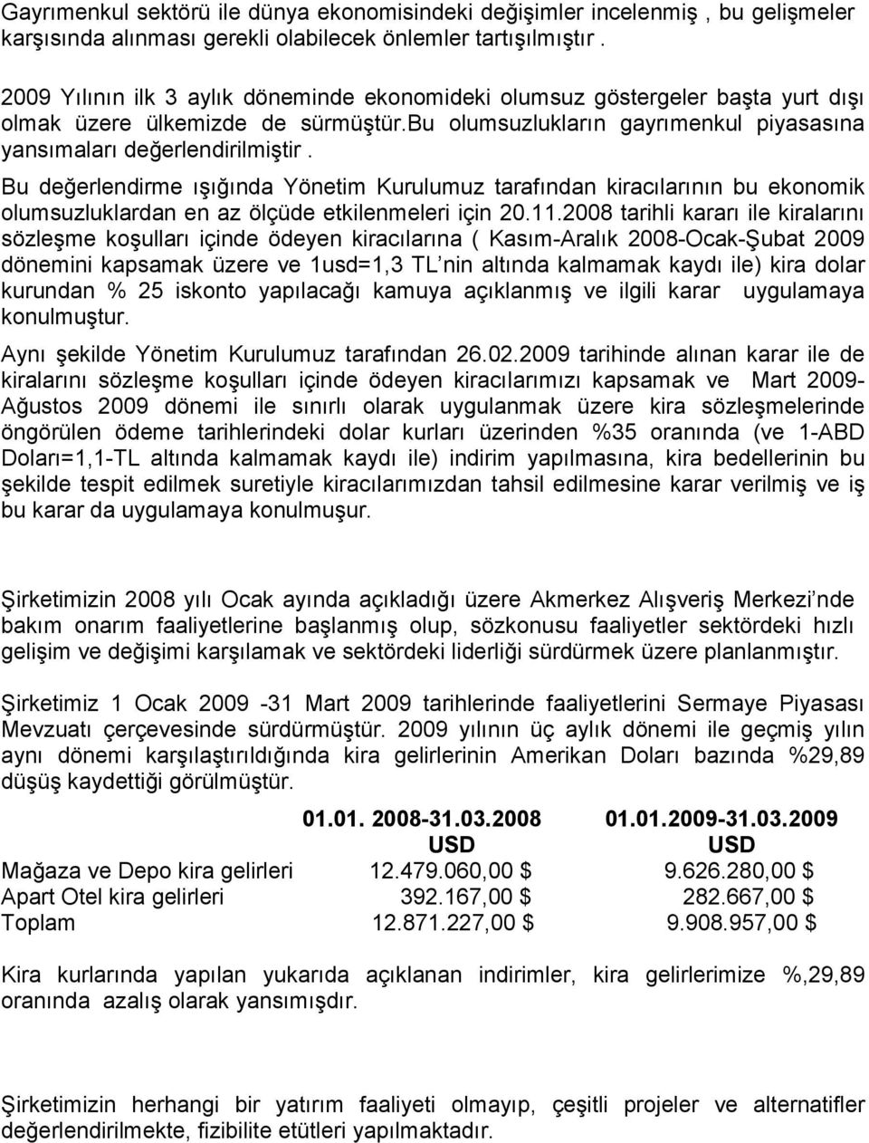 Bu değerlendirme ışığında Yönetim Kurulumuz tarafından kiracılarının bu ekonomik olumsuzluklardan en az ölçüde etkilenmeleri için 20.11.