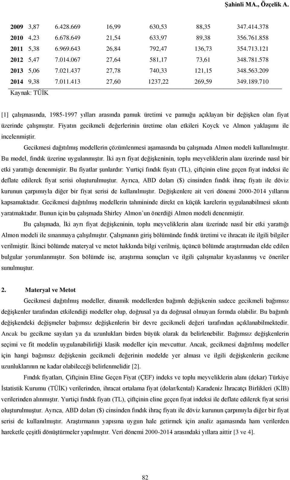 710 Kaynak: TÜİK [1] çalışmasında, 1985-1997 yılları arasında pamuk üretimi ve pamuğu açıklayan bir değişken olan fiyat üzerinde çalışmıştır.