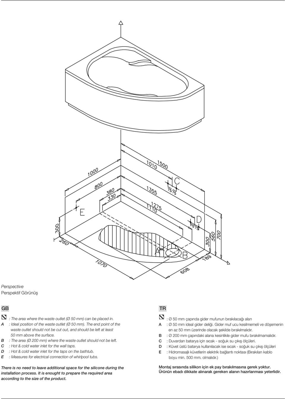 : Hot & cold water inlet for the wall taps. : Hot & cold water inlet for the taps on the bathtub. : Measures for electrical connection of whirlpool tubs.