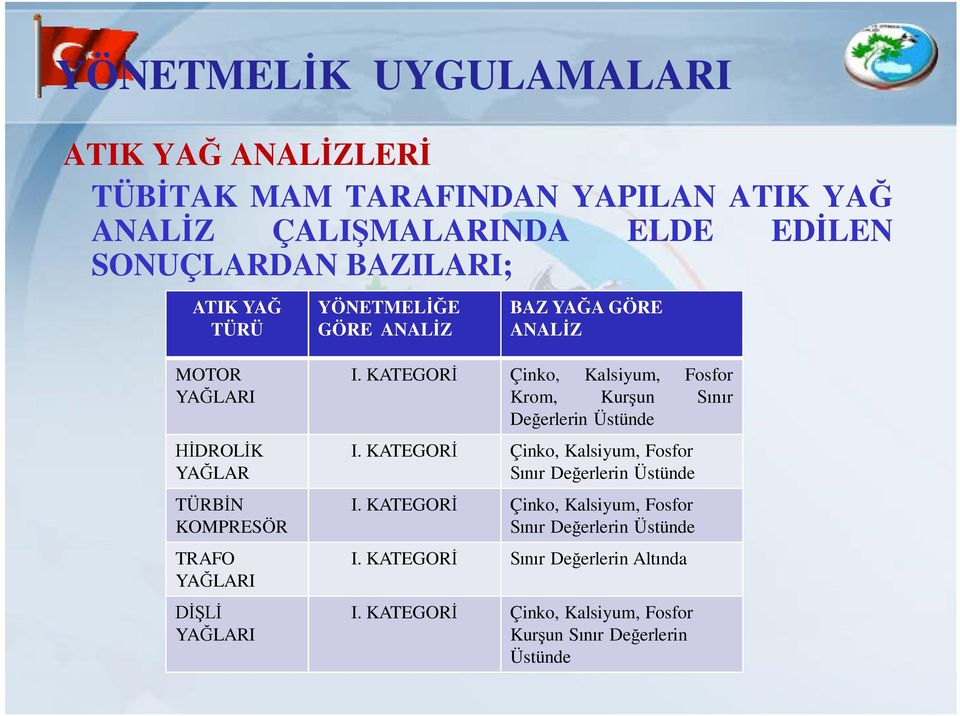 KATEGORİ Çinko, Kalsiyum, Fosfor Krom, Kurşun Sınır Değerlerin Üstünde I. KATEGORİ Çinko, Kalsiyum, Fosfor Sınır Değerlerin Üstünde I.