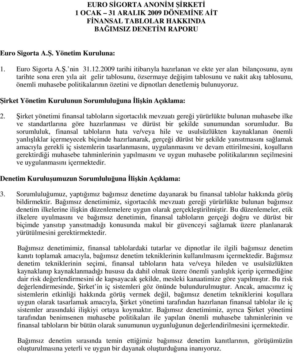 özetini ve dipnotları denetlemiş bulunuyoruz. Şirket Yönetim Kurulunun Sorumluluğuna Đlişkin Açıklama: 2.