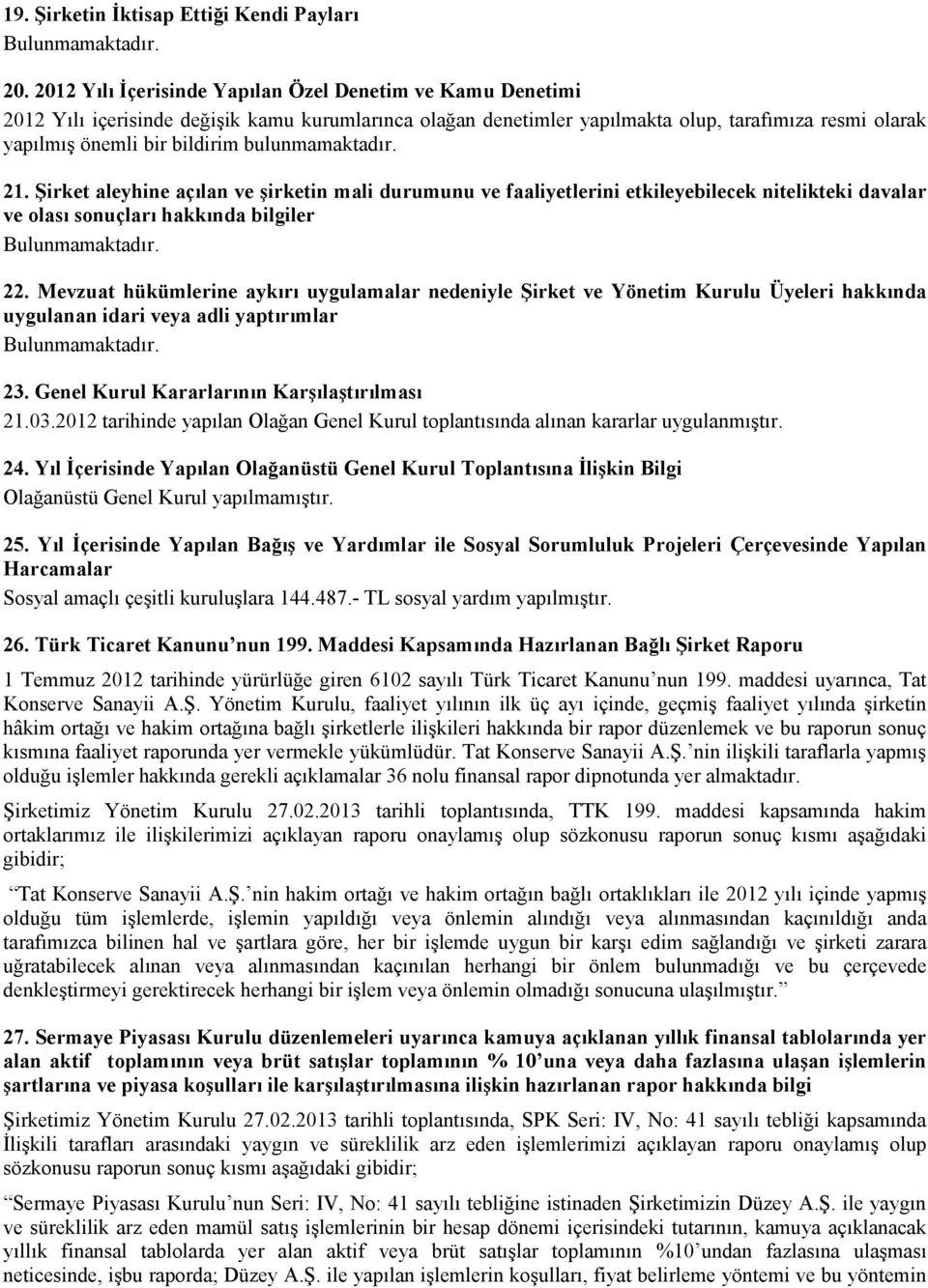 bulunmamaktadır. 21. Şirket aleyhine açılan ve şirketin mali durumunu ve faaliyetlerini etkileyebilecek nitelikteki davalar ve olası sonuçları hakkında bilgiler Bulunmamaktadır. 22.