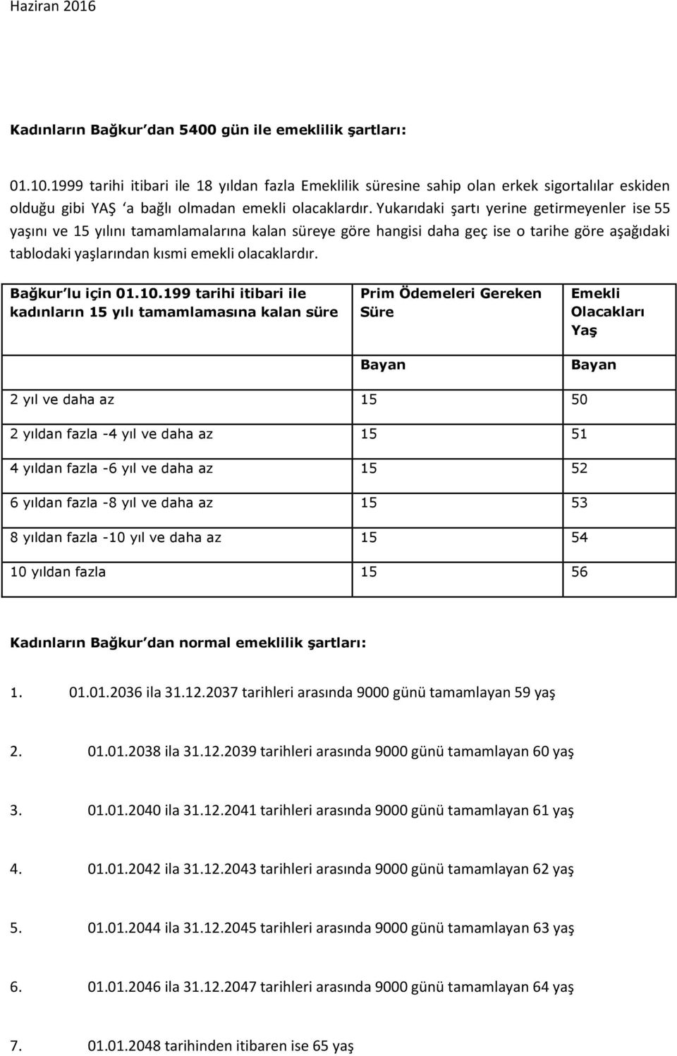 Yukarıdaki şartı yerine getirmeyenler ise 55 yaşını ve 15 yılını tamamlamalarına kalan süreye göre hangisi daha geç ise o tarihe göre aşağıdaki tablodaki yaşlarından kısmi emekli olacaklardır.