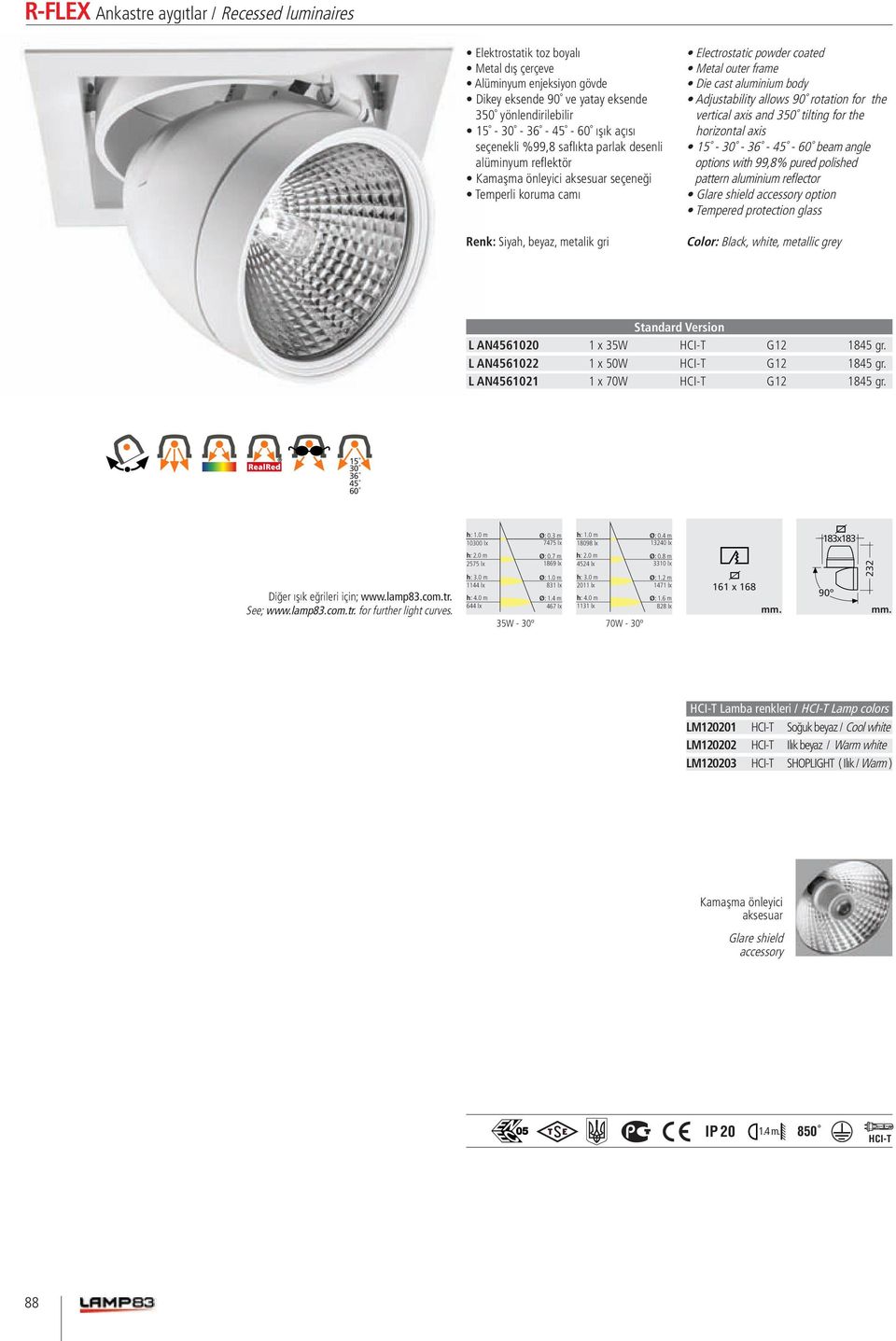 35W HCI-T G12 1845 gr. L AN4561022 1 x 50W HCI-T G12 1845 gr. L AN4561021 1 x 70W HCI-T G12 1845 gr. 15 30 36 45 60 10300 lx Ø: 0.3 m 7475 lx 18098 lx Ø: 0.