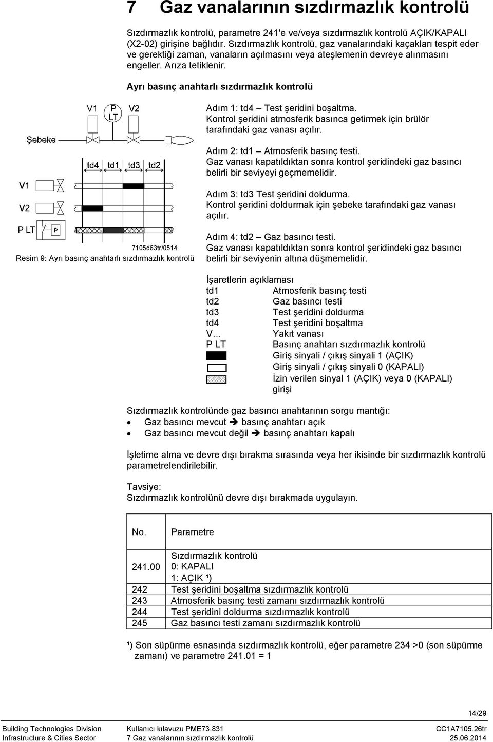 Ayrı basınç anahtarlı sızdırmazlık kontrolü P LT Adım 1: td4 Test şeridini boşaltma. Kontrol şeridini atmosferik basınca getirmek için brülör tarafındaki gaz vanası açılır.