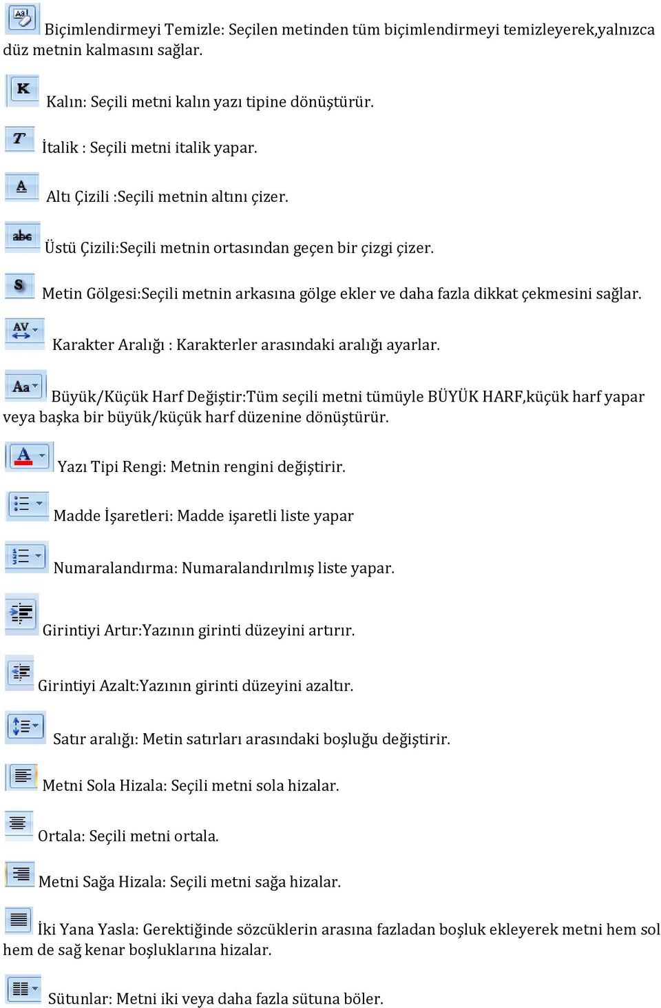 Karakter Aralığı : Karakterler arasındaki aralığı ayarlar. Büyük/Küçük Harf Değiştir:Tüm seçili metni tümüyle BÜYÜK HARF,küçük harf yapar veya başka bir büyük/küçük harf düzenine dönüştürür.