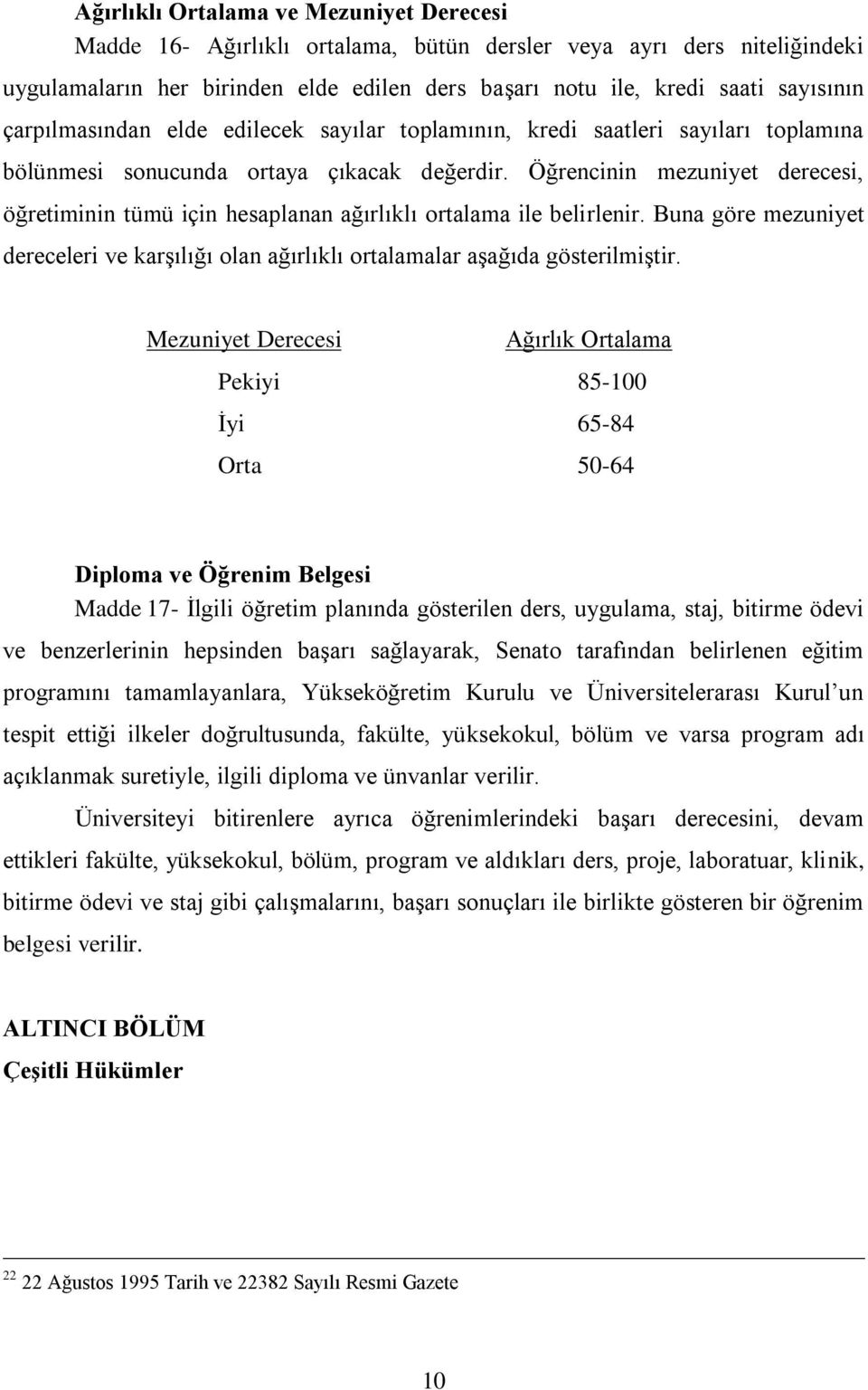 Öğrencinin mezuniyet derecesi, öğretiminin tümü için hesaplanan ağırlıklı ortalama ile belirlenir. Buna göre mezuniyet dereceleri ve karşılığı olan ağırlıklı ortalamalar aşağıda gösterilmiştir.