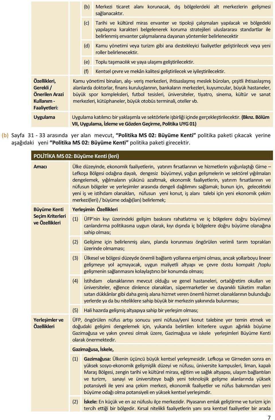 dayanan yöntemler belirlenecektir Kamu yönetimi veya turizm gibi ana destekleyici faaliyetler geliştirilecek veya yeni roller belirlenecektir. Toplu taşımacılık ve yaya ulaşımı geliştirilecektir.