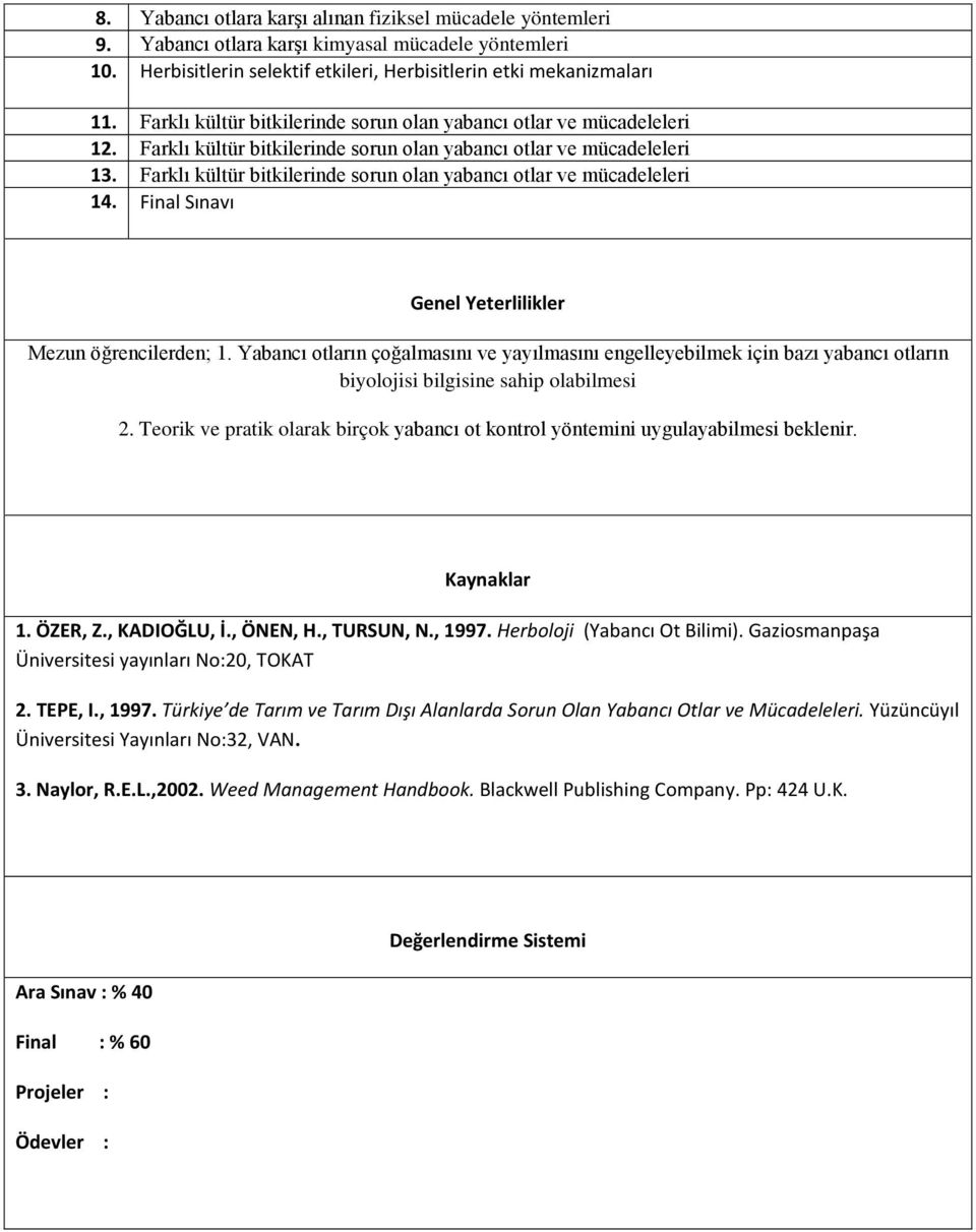 Farklı kültür bitkilerinde sorun olan yabancı otlar ve mücadeleleri 14. Final Sınavı Genel Yeterlilikler Mezun öğrencilerden; 1.