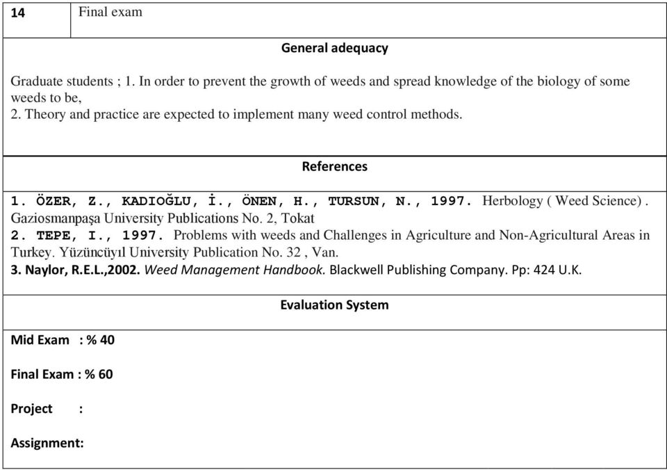 Gaziosmanpaşa University Publications No. 2, Tokat 2. TEPE, I., 1997. Problems with weeds and Challenges in Agriculture and Non-Agricultural Areas in Turkey.