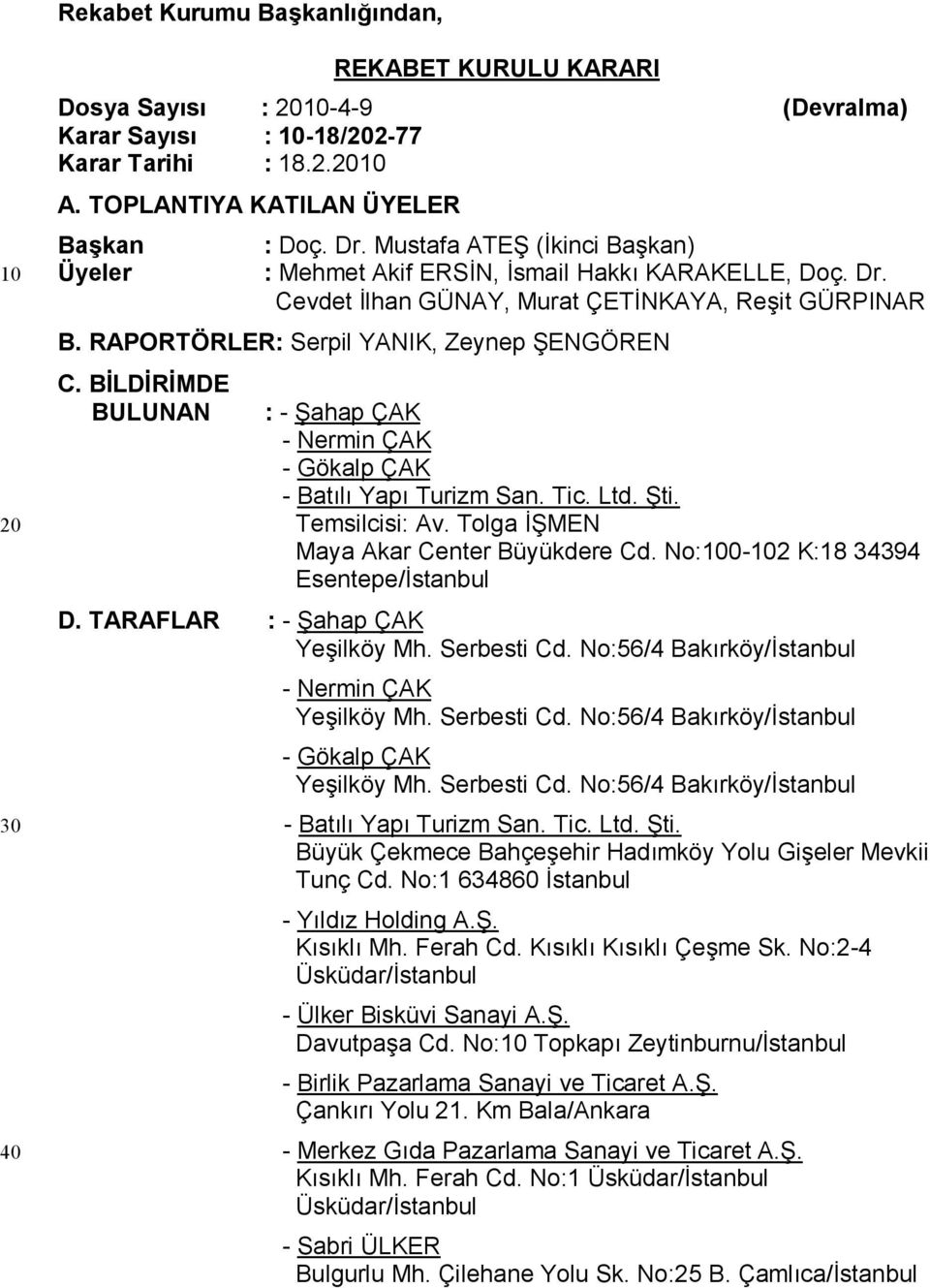 RAPORTÖRLER: Serpil YANIK, Zeynep ŞENGÖREN C. BİLDİRİMDE BULUNAN : - Şahap ÇAK - Nermin ÇAK - Gökalp ÇAK - Batılı Yapı Turizm San. Tic. Ltd. Şti. Temsilcisi: Av.