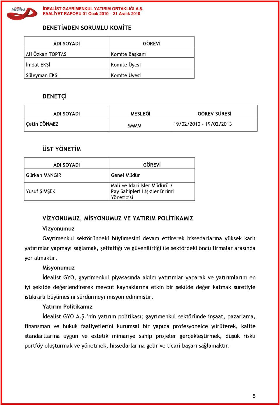 POLİTİKAMIZ Vizyonumuz Gayrimenkul sektöründeki büyümesini devam ettirerek hissedarlarına yüksek karlı yatırımlar yapmayı sağlamak, şeffaflığı ve güvenilirliği ile sektördeki öncü firmalar arasında