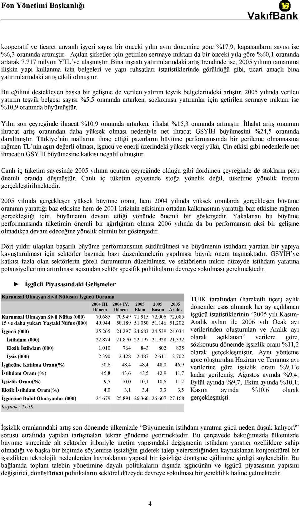 Bina inşaatı yatırımlarındaki artış trendinde ise, 2005 yılının tamamına ilişkin yapı kullanma izin belgeleri ve yapı ruhsatları istatistiklerinde görüldüğü gibi, ticari amaçlı bina yatırımlarındaki