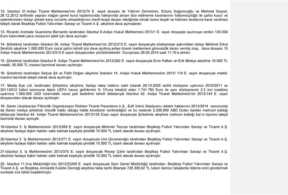 ibralarına karar verilmesi talepli olarak Beşiktaş Futbol Yatırımları Sanayi ve Ticaret A.Ş. aleyhine dava açmışlardır. 13- Ricardo Andrade Quaresma Bernardo tarafından İstanbul 6.