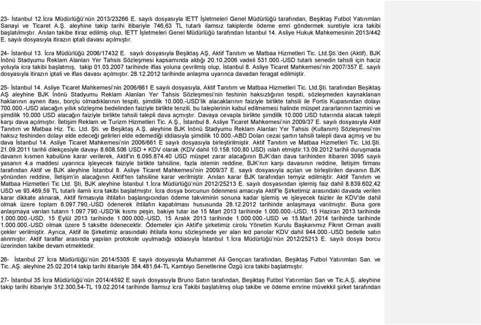 Anılan takibe itiraz edilmiş olup, İETT İşletmeleri Genel Müdürlüğü tarafından İstanbul 14. Asliye Hukuk Mahkemesinin 2013/442 E. sayılı dosyasıyla itirazın iptali davası açılmıştır. 24- İstanbul 13.