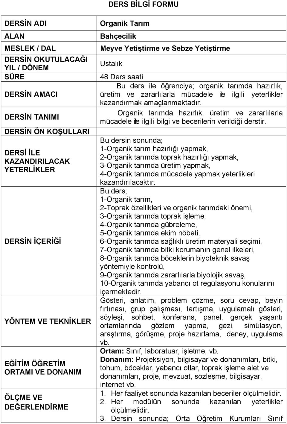 üretim ve zararlılarla mücadele ile ilgili yeterlikler kazandırmak amaçlanmaktadır. Organik tarımda hazırlık, üretim ve zararlılarla mücadele ile ilgili bilgi ve becerilerin verildiği derstir.