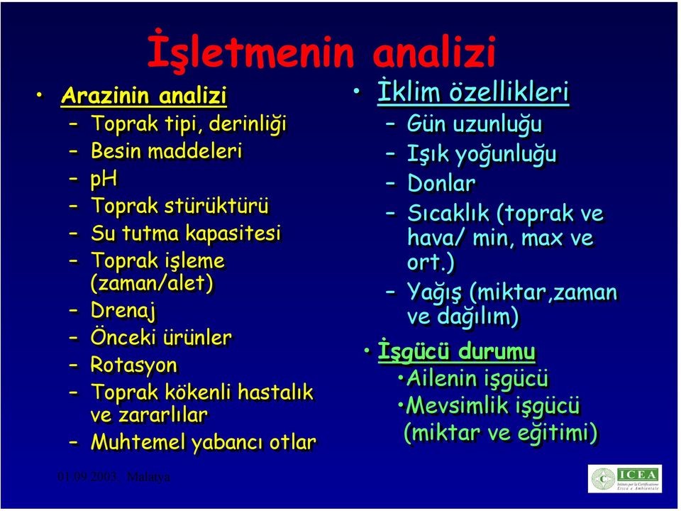 Muhtemel yabancı otlar İklim özellikleri Gün uzunluğu Işık yoğunluğu Donlar Sıcaklık (toprak ve hava/ min,