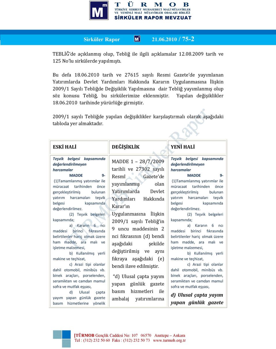 2010 tarih ve 27615 sayılı Resmi Gazete de yayımlanan Yatırımlarda Devlet Yardımları Hakkında Kararın Uygulanmasına İlişkin 2009/1 Sayılı Tebliğde Değişiklik Yapılmasına dair Tebliğ yayımlanmış olup