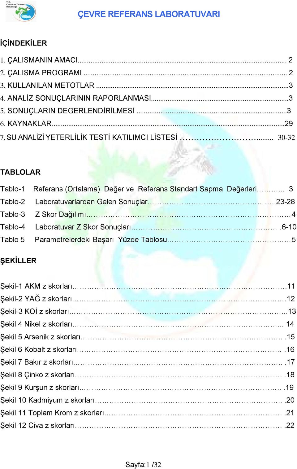 -8 Tablo- Skor Dağılımı Tablo- Laboratuvar Skor Sonuçları.6-0 Tablo Parametrelerdeki Başarı Yüzde Tablosu ŞEKİLLER Şekil- AKM z skorları Şekil- YAĞ z skorları Şekil- KOİ z skorları.