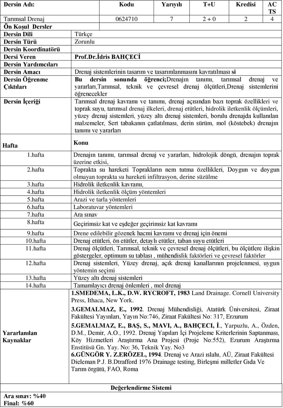 İdris BAHÇECİ Dersin Öğrenme Drenaj sistemlerinin tasarım ve tasarımlanmasını kavratılması si Bu dersin sonunda öğrenci;drenajın tanımı, tarımsal drenaj ve yararları,tarımsal, teknik ve çevresel
