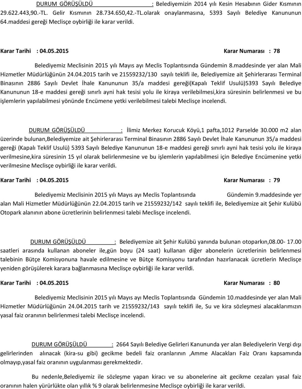 05.2015 Karar Numarası : 78 Gündemin 8.maddesinde yer alan Mali Hizmetler Müdürlüğünün 24.04.